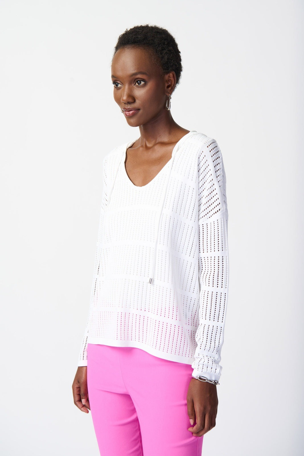 3/4 SLEEVE HOODED POINTELLE SWEATER JOSEPH RIBKOFF