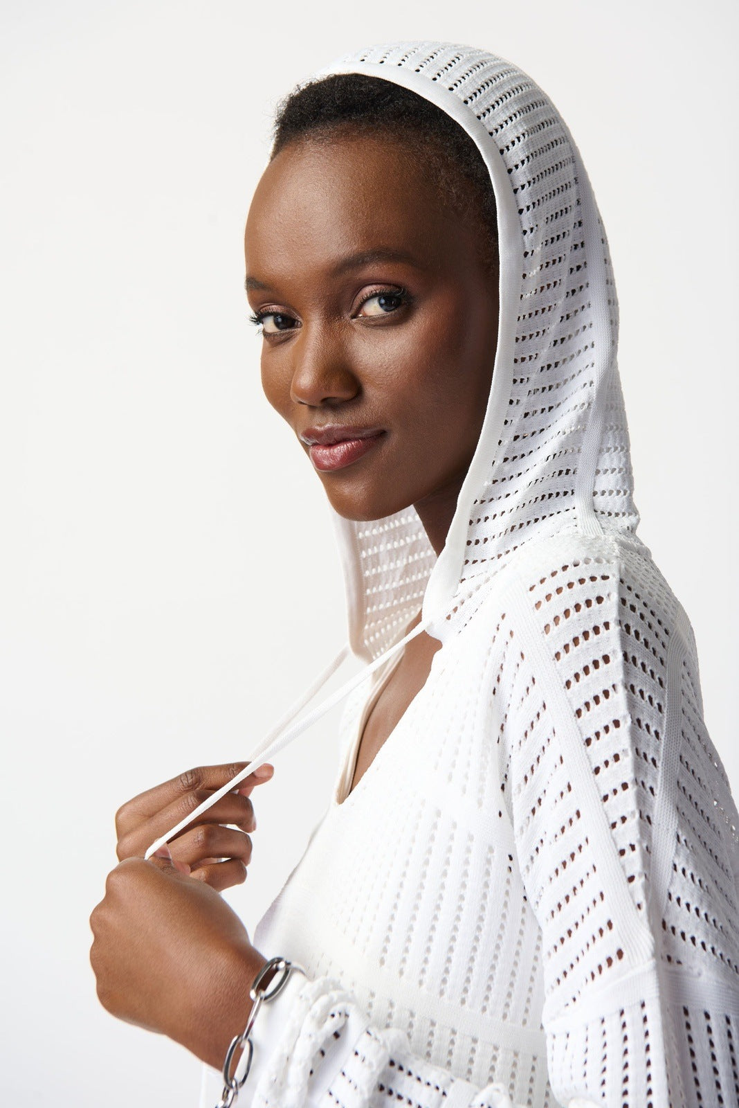 3/4 SLEEVE HOODED POINTELLE SWEATER JOSEPH RIBKOFF