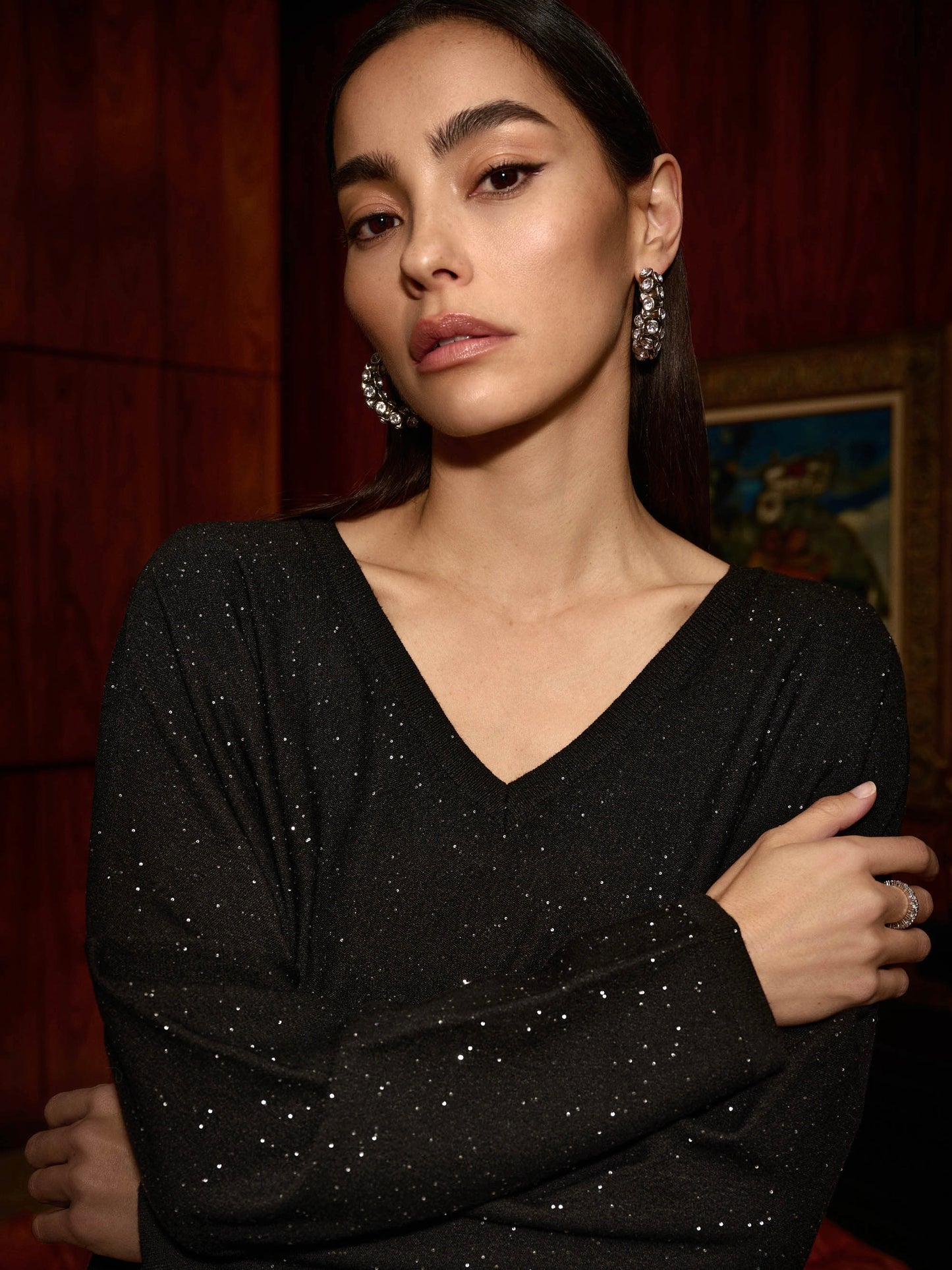 V-NECK GLITTER PULLOVER SWEATER JOSEPH RIBKOFF