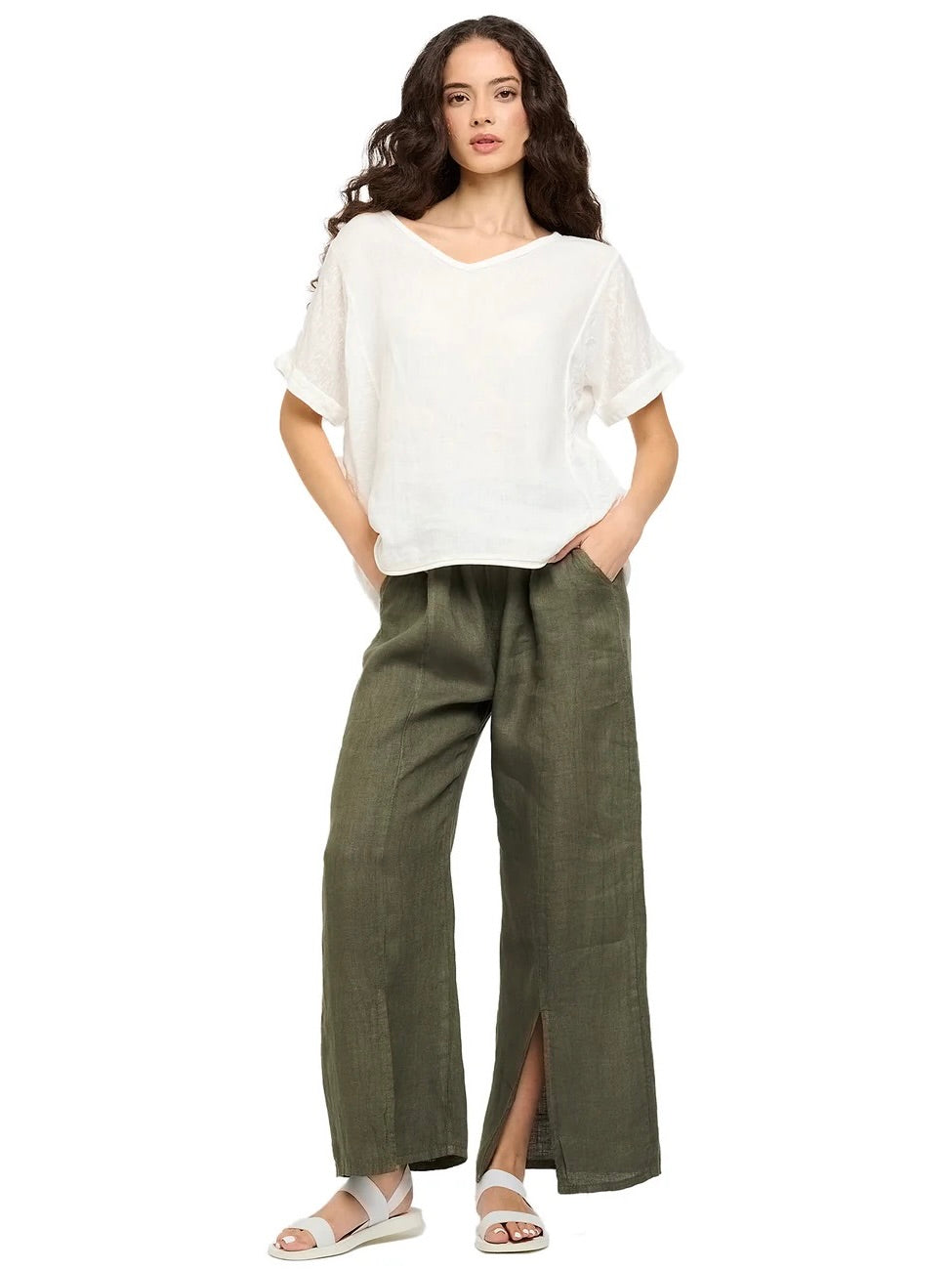 SHORT SLEEVE V-NECK LINEN TOP