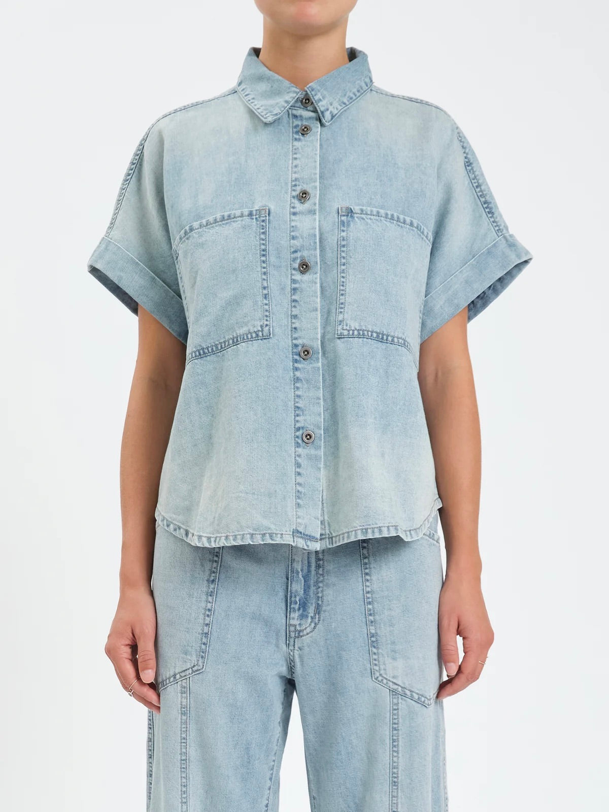 DENIM ROLLED SLEEVE TOP