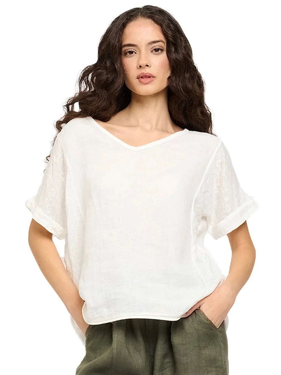 SHORT SLEEVE V-NECK LINEN TOP