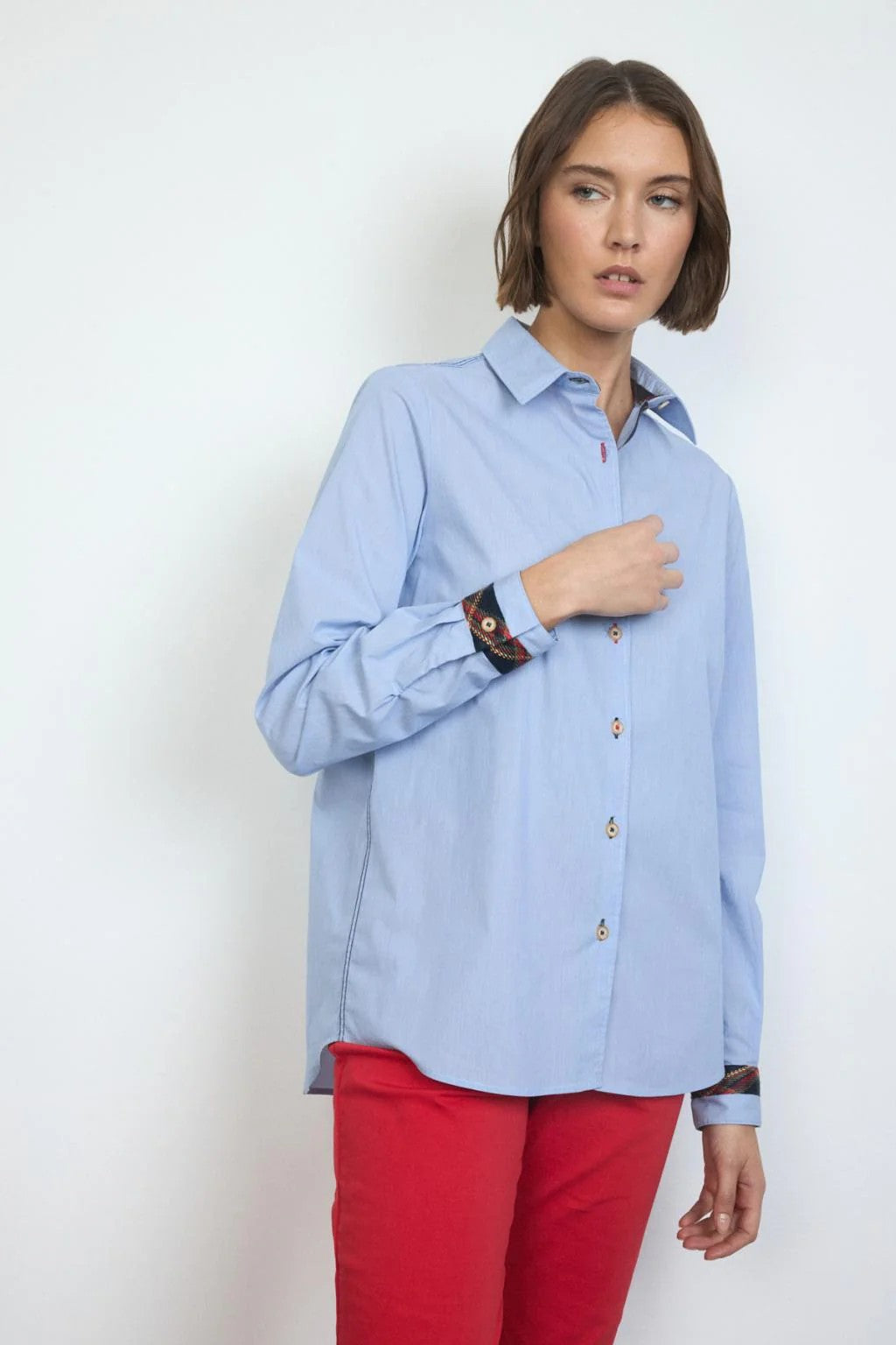 PLAID TRIM BLOUSE