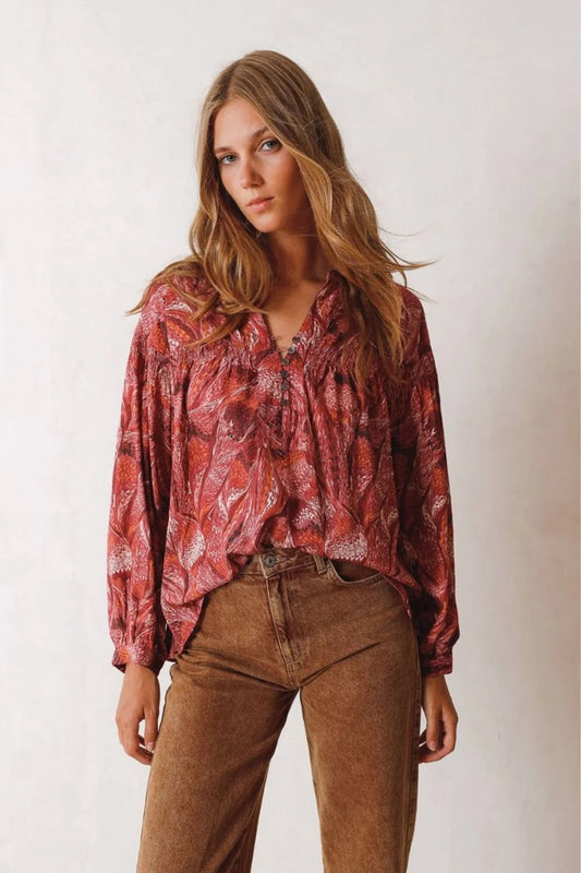 FEATHER PRINTED LONG SLEEVE BLOUSE