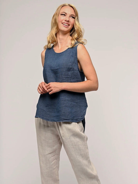 SLEEVELESS ROUND NECK FRENCH LINEN TOP LINEN LUV