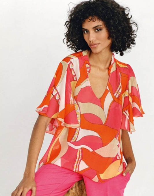 FLUTTER SLEEVE GEO PRINT BLOUSE MARIA BELLENTANI